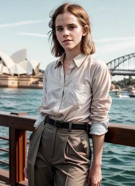 Emma Watson walks through her school with her bare midriff, She wears brown long pants and no shoes, Full body view, 16k, perfekte Textur 