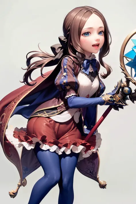 masterpiece, best quality,1girl, leonardo da vinci (fate), leonardo da vinci (rider) (fate), solo, single gauntlet, brown hair, gloves, long hair, puffy sleeves, parted bangs, puffy short sleeves, staff, blue eyes, brown footwear, puff and slash sleeves, blue gloves, red skirt, blue pantyhose, short sleeves, full body, gauntlets, smile, shoes, open mouth, skirt, holding staff, holding, looking at viewer, bangs, pantyhose, loafers, bow, star (symbol), :d, elbow gloves, simple background, forehead, dress, breasts, standing, frills, blue bow, bowtie, frilled skirt, cape, ponytail, shirt, blush, blue bowtie, brown dress,(kbxll:0.6)