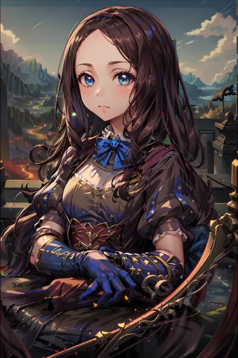 masterpiece,best quality,1girl,blue eyes,brown hair,long hair,(single gauntlet,blue bowtie,elbow gloves,parted bangs,puffy short sleeves),a\(Mona Lisa\),<lora:davinci:0.9>,<lora:monaV0.3:0.7>,