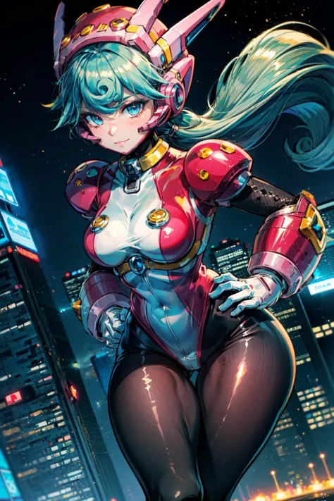 Cyborg, medium breasts, mechanical arms, large mechanical legs, flying over a city, smiling, short light blue pigtails