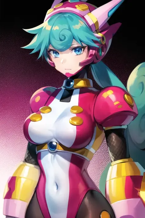 marino_megamanx, 1girl, green hair, blue eyes, ponytail, simple background, breasts, masterpiece, high quality, <lora:Marino-06:1>