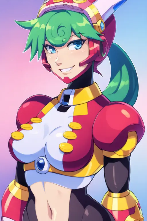 marino_megamanx, 1girl, green hair, blue eyes, ponytail, detailed face, breasts, smile, masterpiece, high quality, <lora:Marino-06:1>