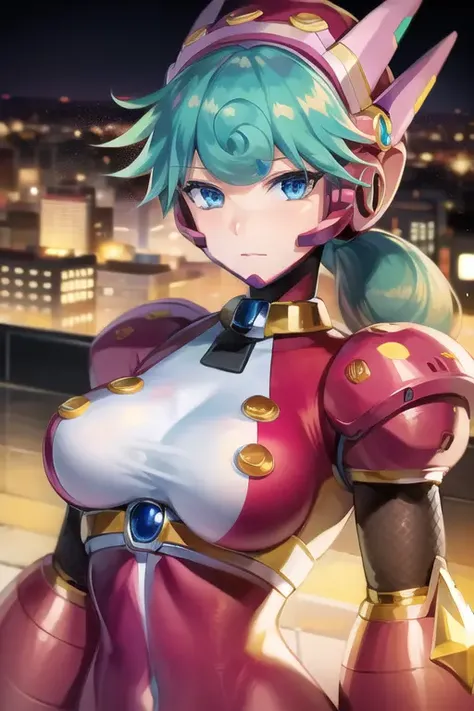 marino_megamanx, 1girl, green hair, blue eyes, ponytail, modern city, detailed face, breasts, masterpiece, high quality, <lora:Marino-06:1>