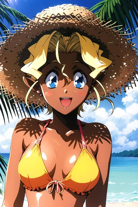 masterpiece, 1girl, kuramitsu mihoshi, blonde hair, dark skin, blue eyes, beach, swimsuit, yellow bikini, straw hat, happy, blush, lens flare, cove, seashells, palm trees, water reflections