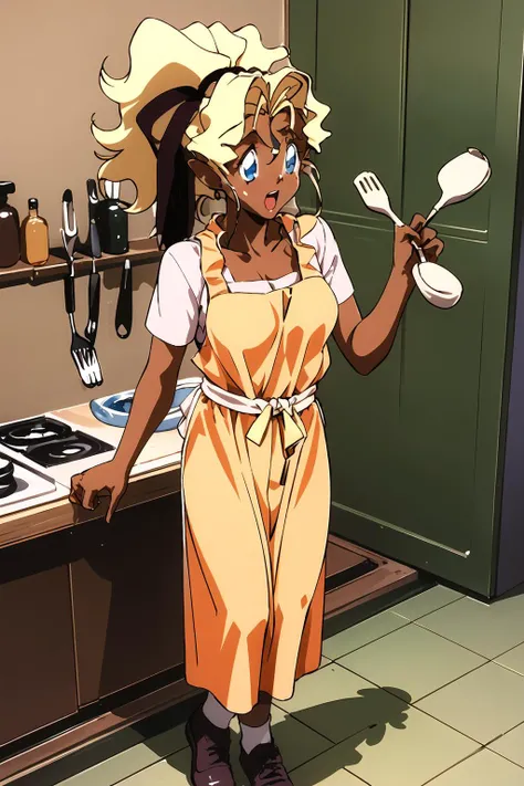 masterpiece, 1girl, kuramitsu mihoshi, blonde hair, dark skin, blue eyes, open mouth, full body, apron, cooking, kitchen