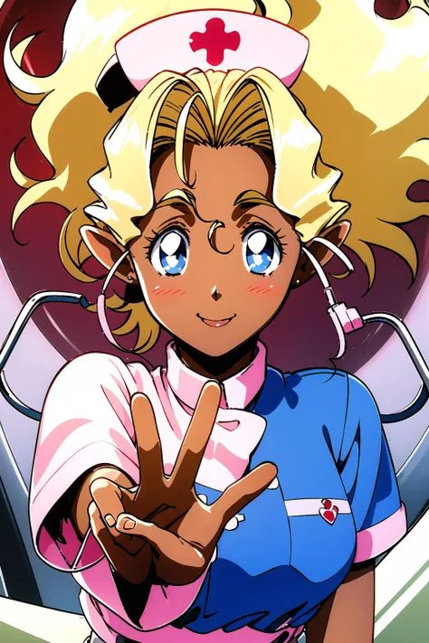 masterpiece, 1girl, kuramitsu mihoshi, blonde hair, dark skin, blue eyes, nurse cap, nurse outfit, hospital, smile, blush, hearts, heart shaped pupils, floating hearts