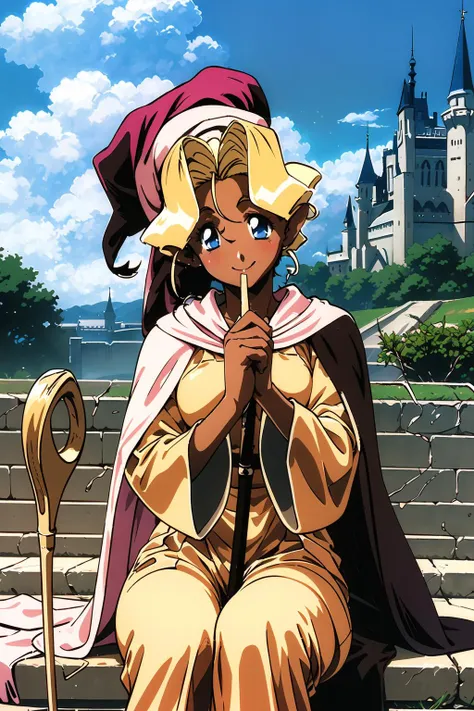 masterpiece, 1girl, kuramitsu mihoshi, blonde hair, dark skin, wizard hat, wizard robes, holding staff, smiling, blush, castle, brick floor, medieval, dust, fog, sunny, clouds