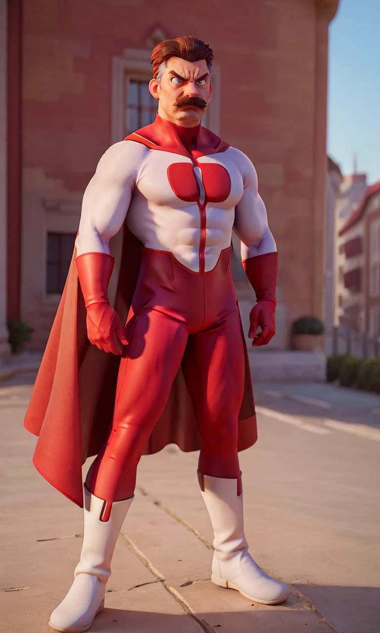 omniman2023, angry, moustache, photorealistic, in city, flowing red cape, standing, 8k, uhd, best quality, masterpiece, pixar style,
