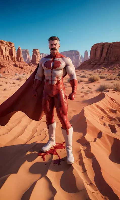 omniman2023, angry, covered in blood, moustache, photorealistic, desert canyon, flowing red cape, standing, 8k, uhd, best quality, masterpiece, blood dripping from fist