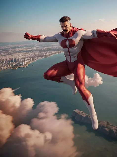 omniman2023, ink, moustache, white suit, red pants, red cape, grey, photorealistic, hovering above city, flying, flowing cape, arms crossed, 8k, uhd, best quality, masterpiece,