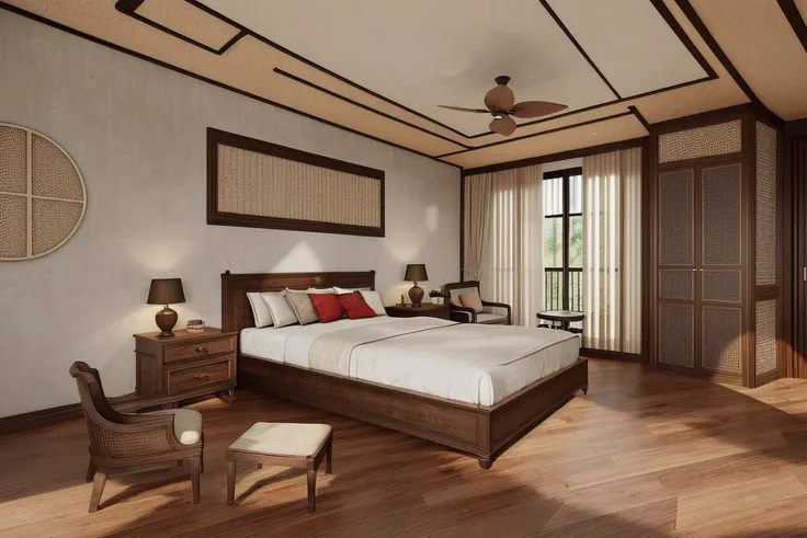 indochine_bedroom, indochine bedroom, wooden floor<lora:indochine_interior:0.6>