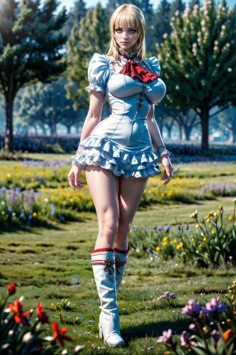 (ultra realistic,32k, masterpiece:1.2),(high detailed skin:1.1),( high quality:1.1),
<lora:Lili:0.7>Emilie T7, (sulking:1.1),white frilled dress, red ascot, white boots, meadow, wildflower carpet, gentle grass, serene ambiance blurry background,fighting stance pose, (huge breast,large breast:1.1),<lora:add_detail:0.92>,
(volumetric lighting:1.1),