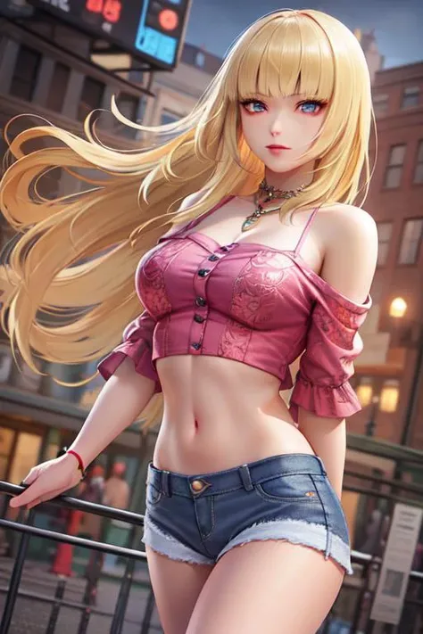 ((extreme detail)),(ultra-detailed), extremely detailed CG unity 8k wallpaper,best quality, masterpiece, <lora:Lili:0.7>emilie_t8, off shoulder, pink crop top, denim shorts,
