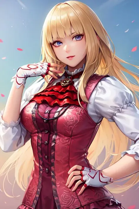 ((extreme detail)),(ultra-detailed), extremely detailed CG unity 8k wallpaper,best quality, masterpiece, <lora:Lili:0.7>emilie_t8, pink frilled dress, frilled ascot, fingerless gloves, hand on hip, looking at viewer, upper body, sky, flowers,