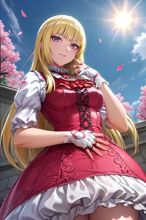 ((extreme detail)),(ultra-detailed), extremely detailed CG unity 8k wallpaper,best quality, masterpiece, <lora:Lili:0.7>emilie_t8, pink frilled dress, frilled ascot, fingerless gloves, looking down, from below, looking at viewer, (anime screencap:1.2), mansion, sun, flowers, petals,
