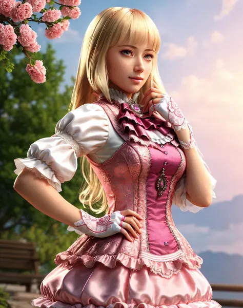 ((extreme detail)),(ultra-detailed), extremely detailed CG unity 8k wallpaper,best quality, masterpiece, <lora:Lili:0.7>emilie_t8, pink frilled dress, frilled ascot, fingerless gloves, hand on hip, looking at viewer, upper body, sky, flowers,3d model