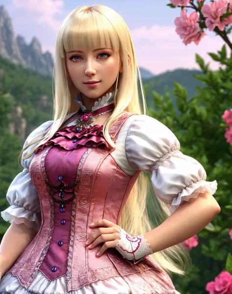 ((extreme detail)),(ultra-detailed), extremely detailed CG unity 8k wallpaper,best quality, masterpiece, <lora:Lili:0.7>emilie_t8, pink frilled dress, frilled ascot, fingerless gloves, hand on hip, looking at viewer, upper body, sky, flowers,3d model