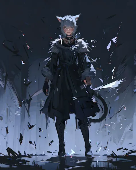 (masterpiece, best quality, highres, detailed:1.2), glass, broken glass, eerie mist, thick fog, otherworldly sunset, softsorrowstyle, glowing, y'shtola, y'shtola rhul, solo, miqo'te, cat girl, grey hair, short hair, bangs, animal ears, cat ears, grey eyes, slit pupils, lips, facial mark, whisker markings, tattoo, neck tattoo, tail, cat tail, looking at viewer, (shy, blush:1.1), Matoya, hair ornament, feather hair ornament, choker, black choker, brooch, dress, long dress, black dress, fur-trimmed dress, fur trim, backless outfit, cleavage, long sleeves, wide sleeves, gloves, black gloves, fingerless gloves, partially fingerless gloves, ring, claw ring, boots, knee boots, lace-up boots, black footwear, cross-laced footwear, high heels, standing, cinematic, <lora:YSTLRR_FF14:0.6>, <lora:Glass:1>, <lora:SoftSorrowStyle:0.7>