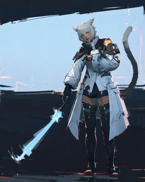 (masterpiece, best quality, highres, detailed:1.2), (upper body:1.4), glowing, softsorrowstyle, impressionism, y'shtola, y'shtola rhul, solo, miqo'te, cat girl, grey hair, short hair, bangs, animal ears, cat ears, grey eyes, slit pupils, lips, facial mark, whisker markings, tattoo, neck tattoo, tail, cat tail, looking at viewer, (shy, blush:1.1), (newscions, coat, white long coat, long sleeves, gloves, black gloves, shorts, short shorts, black shorts, skirt, thighhighs, black thighhighs, boots, thigh boots, black footwear, shoes:1.2), standing, cinematic, <lora:YSTLRR_FF14:0.8>, <lora:SoftSorrowStyle:0.7>,