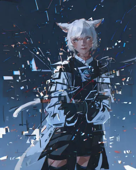 (masterpiece, best quality, highres, detailed:1.2), (upper body:1.4), glass, broken glass, glowing, softsorrowstyle, impressionism, y'shtola, y'shtola rhul, solo, miqo'te, cat girl, grey hair, short hair, bangs, animal ears, cat ears, grey eyes, slit pupils, lips, facial mark, whisker markings, tattoo, neck tattoo, tail, cat tail, looking at viewer, (shy, blush:1.1), newscions, coat, white long coat, long sleeves, gloves, black gloves, shorts, short shorts, black shorts, skirt, thighhighs, black thighhighs, boots, thigh boots, black footwear, shoes, standing, cinematic, <lora:YSTLRR_FF14:0.8>, <lora:Glass:1>, <lora:SoftSorrowStyle:0.7>, <lora:Paint_style:0.8>