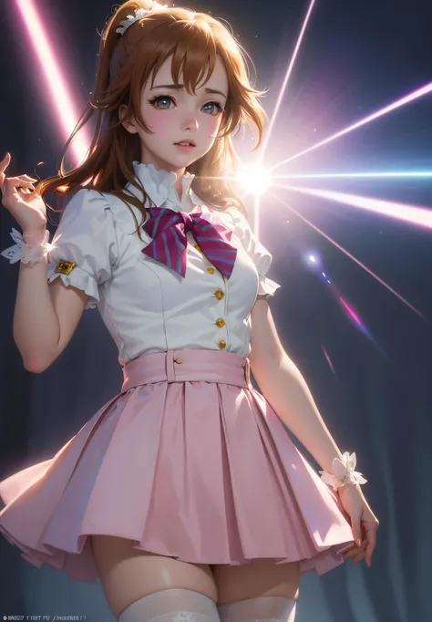 (Masterpiece:1.2), best quality, (illustration:1.2), (ultra-detailed),Eye focus,(Masterfully crafted Glow,pink lens flare), (Cinematic background), hyper details, (delicate detailed), Climing Mountain, (intricate details), (cinematic light, best quality Backlights), <lyco:-kousaka_honoka-:1.0>,  kousaka_honoka, school uniform, 1girl,