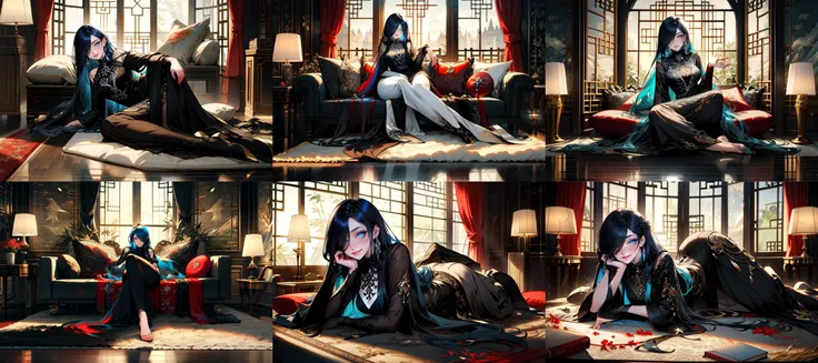 (otherworldly, otherworldly atmosphere, otherworldly appearance), highly insanely detailed, masterpiece, top quality, best quality, highres, 4k, 8k, RAW photo, (long_hair, long hair), collar, earrings, jewelry,
(random colors cloth, random colors hair, random long hair, dynamic hair, glowing hair),
long hair, eyelashes, eyeliner, makeup, hair over one eye,
(dynamic pose), (dynamic weather), nsfw,
lamp, indoors, window, wooden floor, pillow, curtains, carpet, bed, book, rug,
<lora:Justin_French_Chineses_V120:0.6>, French Chinese style,
(smiling at viewer), (fantasy world)