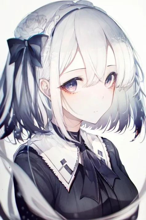 monochrome,anime,1girl,solo,white_hair,black_eyes,portrait,white background,hair ribbon,<lora:Hitoimim_v2-000011:1>