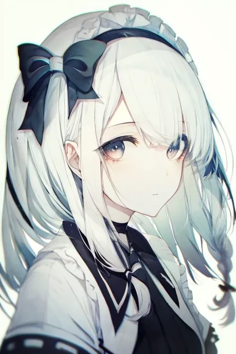 monochrome,anime,1girl,solo,white_hair,black_eyes,portrait,white background,hair ribbon,<lora:Hitoimim_v2-000011:1>