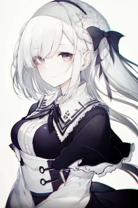 monochrome,anime,1girl,solo,white_hair,black_eyes,portrait,white background,hair ribbon,<lora:Hitoimim_v2-000011:1>