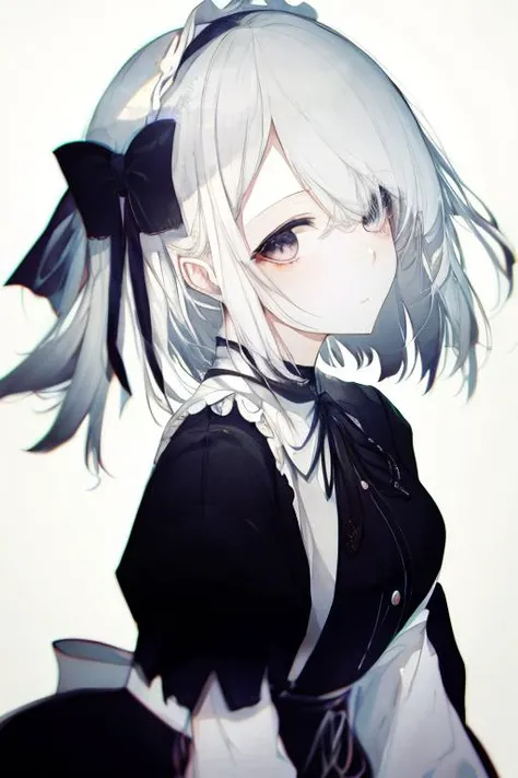 monochrome,anime,1girl,solo,white_hair,black_eyes,portrait,white background,hair ribbon,<lora:Hitoimim_v2-000011:1>