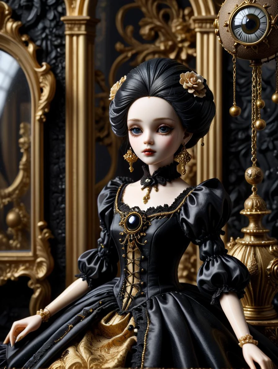 luxury product style, extremely detailed 8k wallpaper,masterpiece,best quality, a Ballâjointed Doll Marionette wearing gothic dress made of gold ais-tarmac, ais-tarmac, (((ball joint))),((lifeless)),((inorganic)),1girl,beautiful detailed glass eye,handled hair,gorgeous hair, expressionless, indifferent, hyperrealistic, Classical decoration, sit, zoom in on eyes, focus on eyes, rococo style <lora:Fresh_Tarmac_SXDL:1>, elegant, sophisticated, high-end, luxurious, professional, highly detailed
