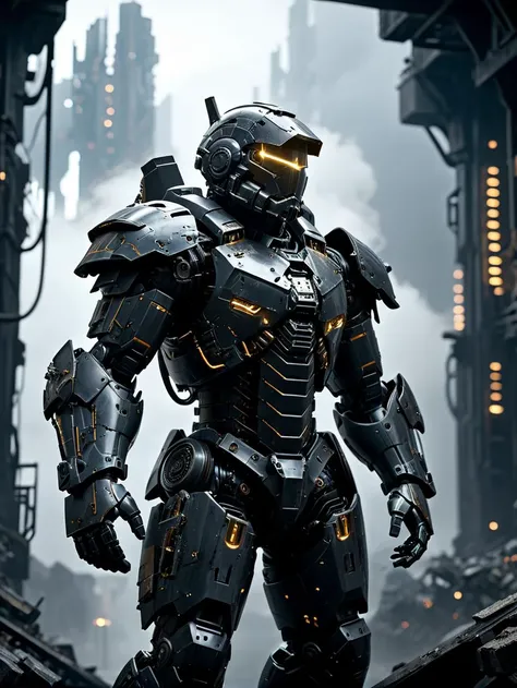 UHD, 4k, ultra detailed, cinematic, a photograph of ((best quality)), ((masterpiece)), ((ultra-detailed)),lifelike-realistic-lookalike power armor,(epic),(steam),Only the upper body and head can be seen, (A magnificent scene),circuitboard,dark futuristic, knight,shock,Warlord,war machine,Titan,in ruins,Jesus Light,grey sky, (detailed light),night,rainy, High Angle , Xenon Light, Crossed arm pose <lora:add-detail-xl:1> <lora:Dark_Futuristic_Circuit_Boards:1>, epic, beautiful lighting, inpsiring