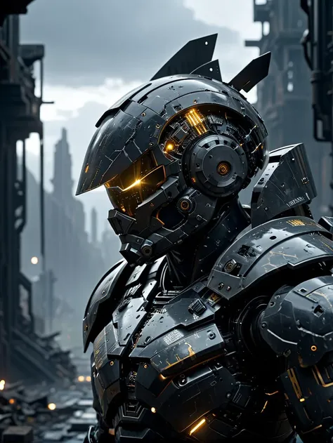 UHD, 4k, ultra detailed, cinematic, a photograph of ((best quality)), ((masterpiece)), ((ultra-detailed)),lifelike-realistic-lookalike power armor,(epic),(steam),Only the upper body and head can be seen, (A magnificent scene),circuitboard,dark futuristic, knight,shock,Warlord,war machine,Titan,in ruins,Jesus Light,grey sky, (detailed light),night,rainy, Dolly Shot , Uplight, Profile pose <lora:add-detail-xl:1> <lora:Dark_Futuristic_Circuit_Boards:1>, epic, beautiful lighting, inpsiring