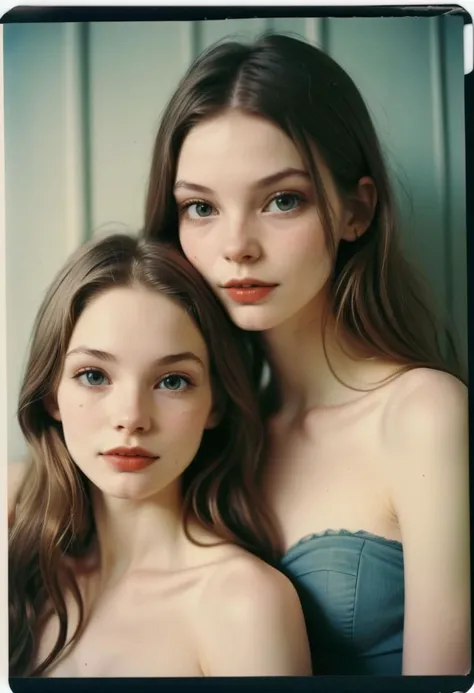 2girls, pale skin, parted lips, detailed long hair,  , strapless, bare shoulders,
vintage, faded film, film grain, polaroid, cute