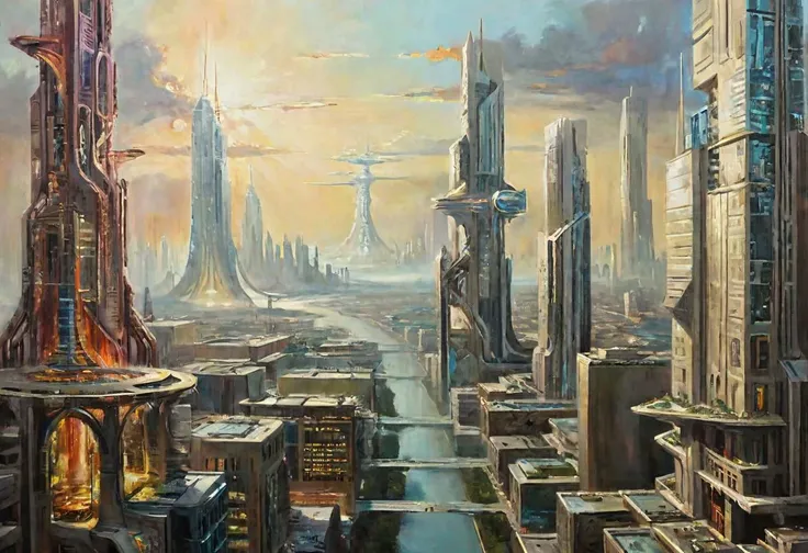 Style-Renaissance and oil painting of A breathtaking glimpse into a visionary tomorrow unfolds in this oil painting. The artist captures a utopian cityscape where advanced engineering and awe-inspiring architecture coalesce to form a mesmerizing tapestry of technological marvels. Skyscrapers with sleek, angular designs pierce the skyline, reflecting the play of light on their futuristic surfaces. Vibrant metallics and neon-infused hues bring to life floating gardens, suspended walkways, and energy-efficient structures that seamlessly blend with nature. The scene is alive with holographic displays, transparent highways, and luminescent trails, showcasing a city that epitomizes the relentless pursuit of progress. Through masterful oil strokes, the artist imparts a tactile brilliance, inviting viewers to immerse themselves in a world where innovation and architectural splendor harmoniously shape the future.