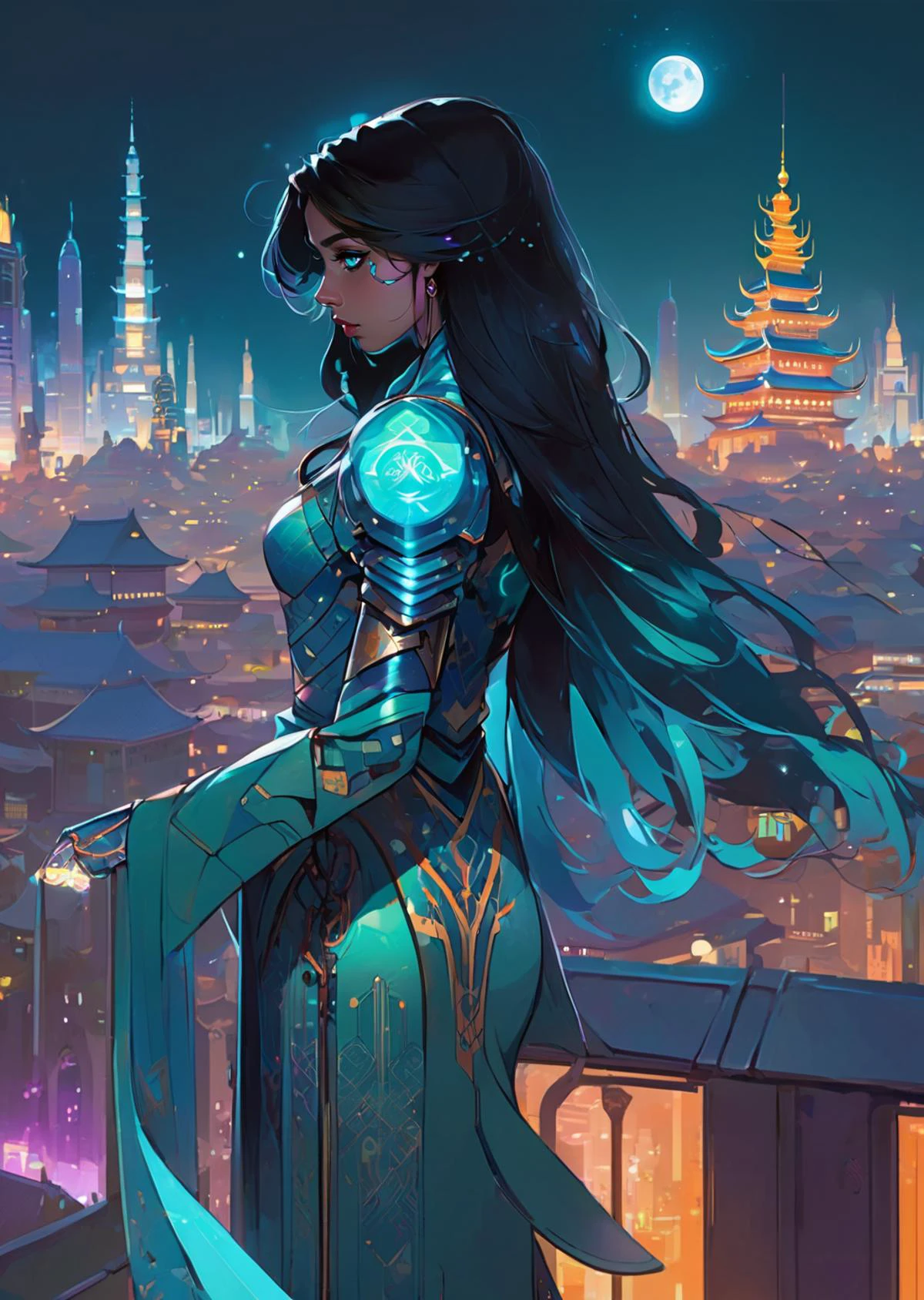 1girl
princess jasmine \(disney\),
long hair
full body
armored dress,
mecha musume,
cyan
off shoulder,
cyberpunk,
persian, neon lights,
(night, cityscape, city lights, )
moon
shadow
dim light
flat color abstract gradient
anime screencap,
science fiction,
( by Victo Ngai)