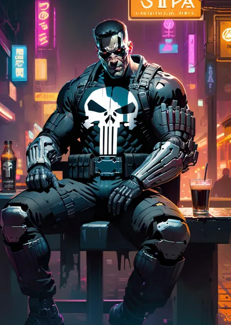 punisher 
sitting in a bar, 
casting magic
dynamic pose
full body, 
((  cyborg, cyberpunk,  damaged , broken mechanical arms, cybernetic ))
dark night , messy street,  neon light
shadow 
dim light dramatic lighting  
 by  Clayton Crain Noriyoshi Ohrai
[(details:1.2): [ (many small details:1.3) : [ (many ultrasmall details: 1.2):(very detailed ultrasmall edges and microrelief:1.5):0.7 ]: 0.4 ] :0.2]
