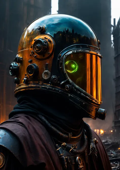 Azem the Traveler cloaked and masked, yearning to explore.
Cinematic realism, luminism, and pollution-choked industrial landscape
reflections on helmet
Emphasize eerie atmosphere, high contrast, and interplay of shadow and light. Include colorful,
gothic horror