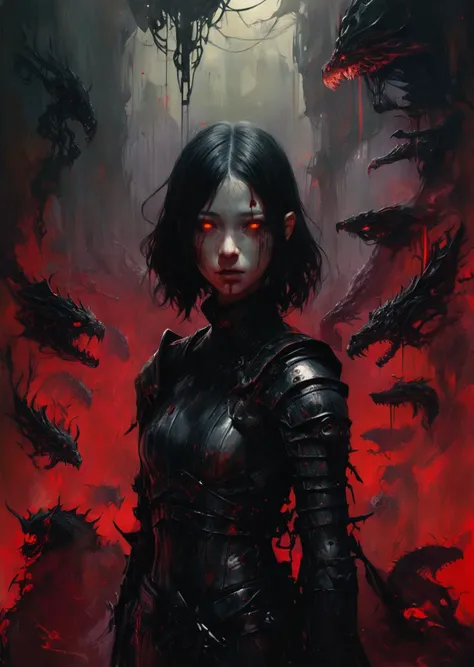 (Lorenz Hideyoshi)
a vivid and haunting scene featuring 1 girl in a world dominated by creatures from the realms of dark fantasy, mythology, and science-fiction. Convey the eerie and dystopian atmosphere, emphasizing high contrast and the interplay of shadow and light to evoke a sense of otherworldly beauty and danger. Add splashes of colorful and bloody imagery to heighten the tension and evoke a visceral response in the viewer.