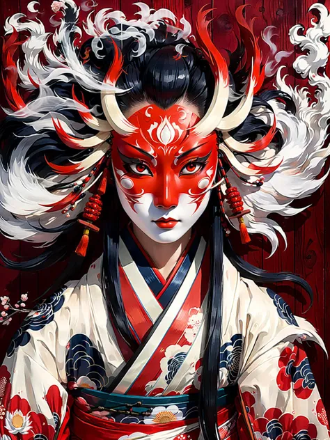 Amaterasu, ancient japanese shinto goddess of the sun, wearing full-face (lacquered wooden smoothed red) elegant ceremonial assassin mouthless kami mask, ornate long flaming flowing red-white kimono, hair on fire, (divine sunfire halo), (fire element:1.3), (ukiyo-e style:1.3), (full body portrait), powerful, threatening, wrathful, breathtaking, masterpiece, artful, delicate, soul, complex background, gorgeous, extremely intricate details, (yoshitaka amano), (hokusai), <lora:add-detail-xl:1.2>, <lora:xl_more_art-full_v1:1>, <lora:xl-shanbailing-1003fire:1.2>