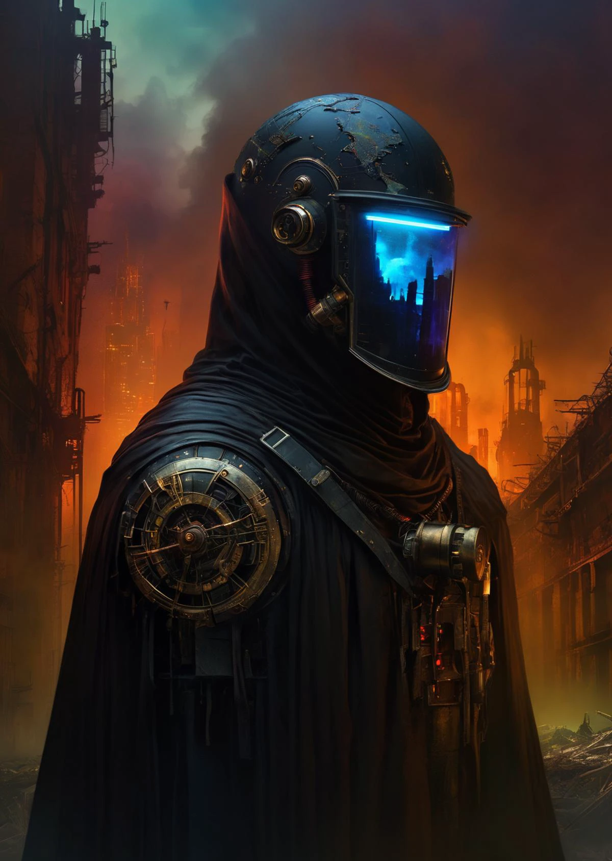 Azem the Traveler cloaked and masked, yearning to explore.
Cinematic realism, luminism, and pollution-choked industrial landscape
(by Adam Martinakis ,Ellen Jewett )
reflections on helmet
Emphasize eerie atmosphere, high contrast, and interplay of shadow and light. Include colorful,
gothic horror
by Greg Rutkowski Andy Kehoe