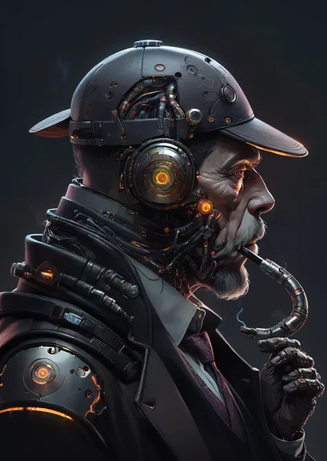 sherlock holmes,  cyborg, 
 holding smoking pipe
sitting
( multiple  monitors), 
shadow, dim light, dark room. messy, detailed ,
science fiction,  cyberpunk
 dystopian futuristic
 (   by Noriyoshi Ohrai)
[(details:1.2): [ (many small details:1.3) : [ (many ultrasmall details: 1.2):(very detailed ultrasmall edges and microrelief:1.5):0.7 ]: 0.4 ] :0.2]