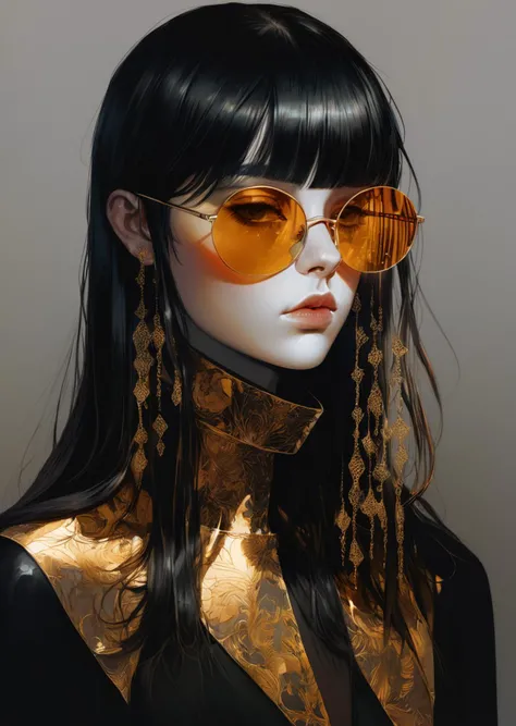 1girl reflective glasses
bangs
long hair
    shadows, 
  Gradient mastery, ink, gold decorations and alcohol ink elements.
(Alessio Albi)   contemporary, fashion, photography, photography-color, portraits
  [(details:1.2): [ (many small details:1.3) : [ (many ultrasmall details: 1.2):(very detailed ultrasmall edges and microrelief:1.5):0.7 ]: 0.4 ] :0.2]