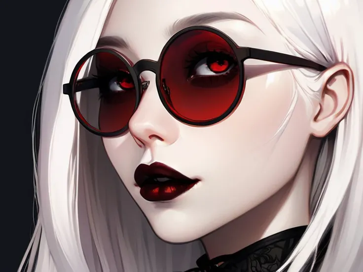 best quality, masterpiece, detailed background, profile picture, dark background, cute (gothic:0.4) girl wearing thin frame circular glasses, long titanium white hair, big breasts, filtered, (dark popart:1.2) (dramatic:1.3) (artistic:1.5) (grim:1.3) (Dark Aesthetic:3.5) (stylized:1.2) <lora:LogoRedmond_LogoRedAF:0.7> (dark red lipstick)