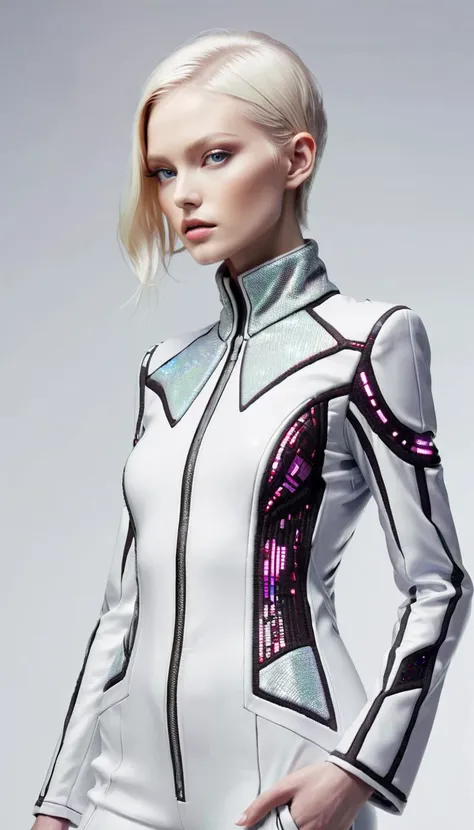 (Full-body portrait), Professional fashion photography, innovative fashion design, art, aesthetic value, hyper-realistic textures, cinematic composition, professional-grade photography, best quality, high quality, masterpiece, Ultra high-definition, 8K resolution, UHD, extremely detailed,
break
a beautiful women, perfect, super model, pale skin, perfect anatomy, elegant pose,
break
Neo-futuristic style, high-tech haute couture, sci-fi sophistication, digital decadence, futuristic minimalism, techno-glamour, interstellar fashion, holographic elegance, synthetic aesthetics, nano-fashion, bio-futurism, augmented elegance, virtual reality-inspired fashion, space-age luxury, futuristic fabric technology, cybernetic style, algorithmic design, extraterrestrial chic, utopian fashion vision, quantum couture, future fashionista, cyber fashion, dystopian elegance, virtual vogue, avant-garde, post-human chic, Harrington jacket designed by Tom Ford and by Amoako Boafo and by Kenichi Sonoda (Character Designer), <lora:Next_Fashion:0.6>,
break
advanced lighting techniques, high dynamic range, vivid and accurate colors, harmonious color scheme, meticulously detailed, innovative fashion styling, visually stunning, emotionally engaging, modern art influences,
break
simple background, black background, sharp focus, depth of field,