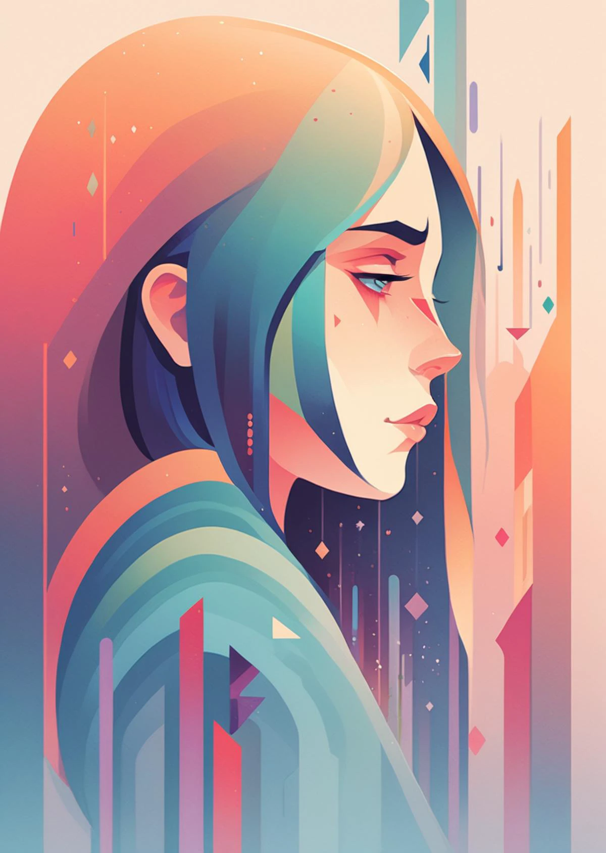 high-quality artwork in jmst artstyle
by James Gilleard 
 a sad girl  ,tears,  teardtop,  side view
abstract, gradient color, digital vector  art, geometric pattern,  shapes
[(details:1.2): [ (many small details:1.3) : [ (many ultrasmall details: 1.2):(very detailed ultrasmall edges and microrelief:1.5):0.7 ]: 0.4 ] :0.2]
  <lora:SDXL1.0_Essenz-series-by-AI_Characters_Style_MoebiusJeanGiraud-v1.0:0.7> <lora:FF-Style-James_Gilleard:0.7>