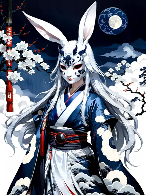 Tsukuyomi, ancient shinto goddess of the moon, long silver hair, long ornate midnight blue and white kimono, (pure white lacquered wood smooth ceremoniakl kami rabbit mask:1.3), (in ukiyo-e style:1.3), large moon background, (full body portrait), ethereal, mysterious, eerie, divine, godly, powerful, breathtaking, masterpiece, artful, delicate, soul, complex background, gorgeous, extremely intricate details, (yoshitaka amano), (hokusai), <lora:add-detail-xl:1.2>, <lora:xl_more_art-full_v1:1>