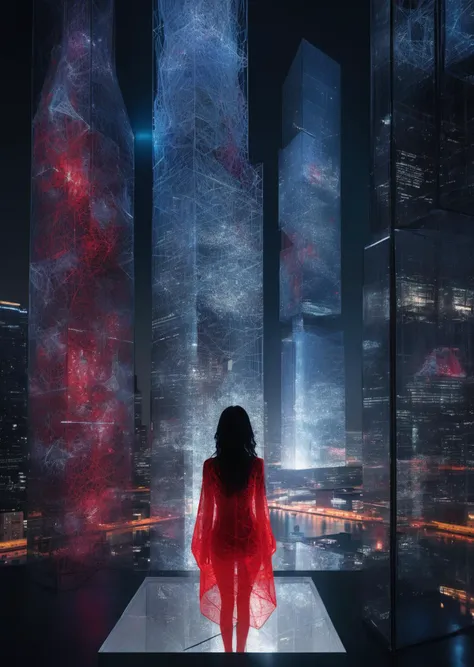 (Chiharu Shiota)
colorful, dream-like, female-figures, immersive, installation, playful, Swiss, vibrant, video-art
1girl
As the protagonist stands atop the towering skyscraper, a colossal hologram of a girl fills the night sky in the futuristic metropolis. The city's neon glow and illuminated tunnels contrast with the lifelike holographic image, captivating the character with the boundless possibilities of this mesmerizing, AI-enhanced world