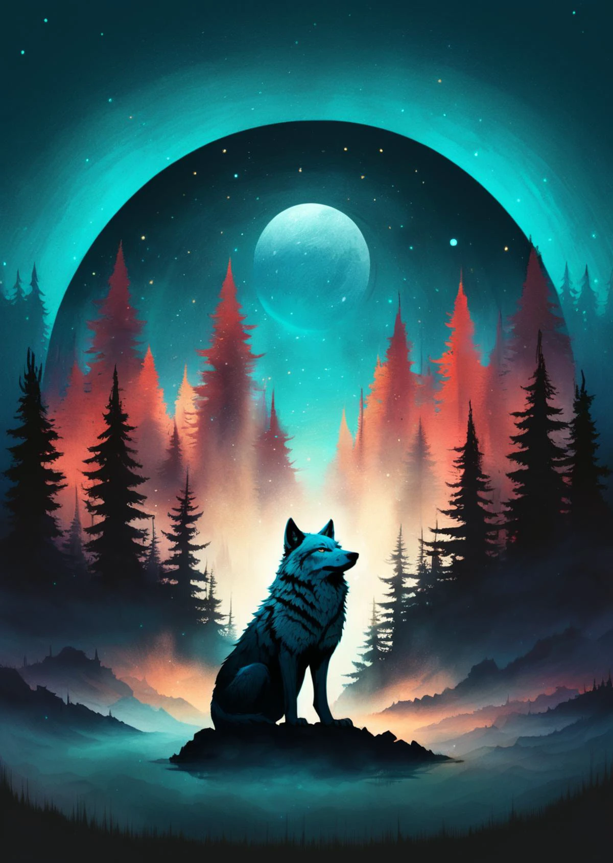 gradient flat color (art by Andy Kehoe,)
transparent cyan wolf spirits
shadows
glowing particles
night MOON