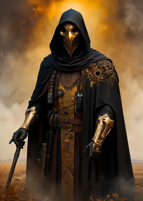 Azem the Traveler cloaked and masked, yearning to explore.
Gradient mastery, ink, gold leaf, and alcohol ink elements.
Cinematic realism, luminism, and pollution-choked industrial landscape
by Greg Rutkowski Andy Kehoe